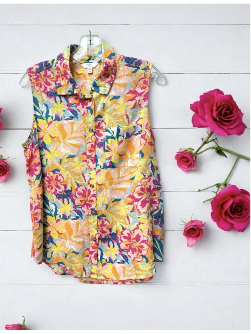 Time & Tru Floral Sleeveless Blouse Buttons Womens M (8-10) Summer Top NWOT